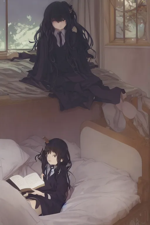 Image similar to a loli in a jk uniform outfit in the bedroom reading a book in a night, raining outside the window, dark and grey theme ， wavy white long hair, by krenz cushart and mucha and akihito yoshida and greg rutkowski and makoto shinkai, detailed eyes, 4 k resolution