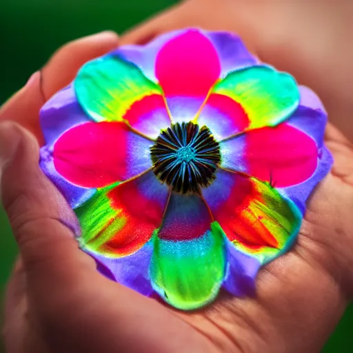 Image similar to closeup photo of rainbow - colored flower with 7 petals, held by hand, shallow depth of field, cinematic, 8 0 mm, f 1. 8