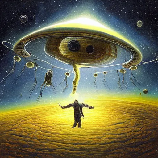 Prompt: artistic depiction of the first contact between humans and intelligent aliens, very detailed and mesmerizing painting