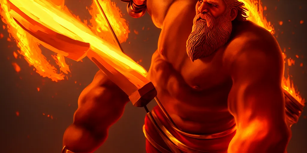 Image similar to painting of Fire Giant holding a golden spear, immaculate scale, hyper-realistic, Unreal Engine, Octane Render, digital art, trending on Artstation, 8k, detailed, atmospheric, immaculate