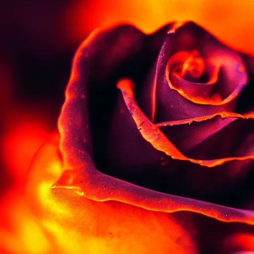 Image similar to award - winning macro of a beautiful black rose made of glowing molten magma