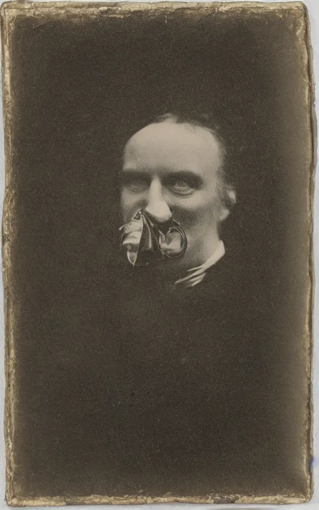 Image similar to portrait of a creepy victorian man with a beak, daguerreotype, studio lighting, hyperrealistic, ultra detailed