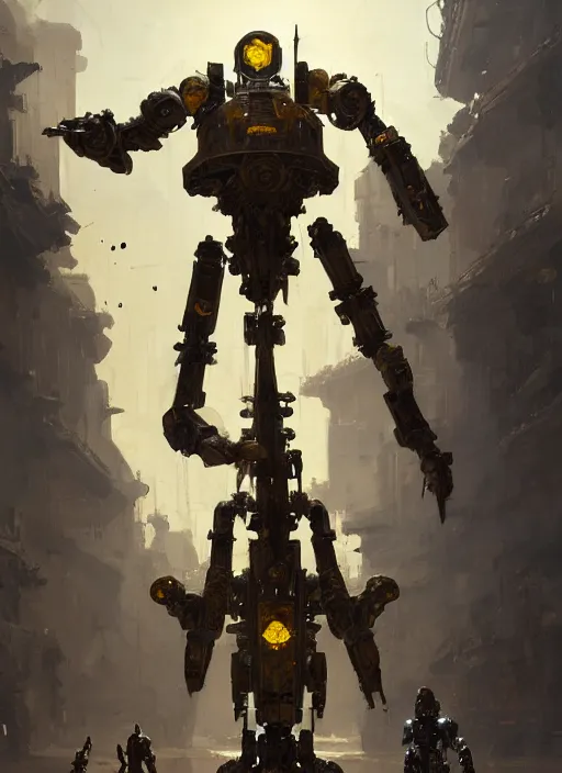 Image similar to human-sized strong intricate yellow pit droid carrying very detailed perfect antique great sword and beautiful large paladin shield, pancake short large head, exposed metal bones, painterly humanoid mecha, slightly far away, by Greg Rutkowski