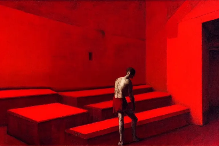 Image similar to only with red, crowd screaming, an exposed painting in a roman theater, in the style of beksinski, parts by edward hopper, parts by rodcenko, parts by yue minjun, intricate and epic composition, red by caravaggio, insanely quality, highly detailed, masterpiece, red light, artstation, 4 k