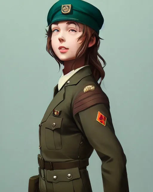 Image similar to young woman with shoulder length light brown hair and hazel eyes dressed in a sharp dark teal military uniform and beret, smiling, ilya kuvshinov, greg rutkowski, guweiz, ross tran, svetlana tigai, artgerm, loish, artstation trending, concept art, digital painting