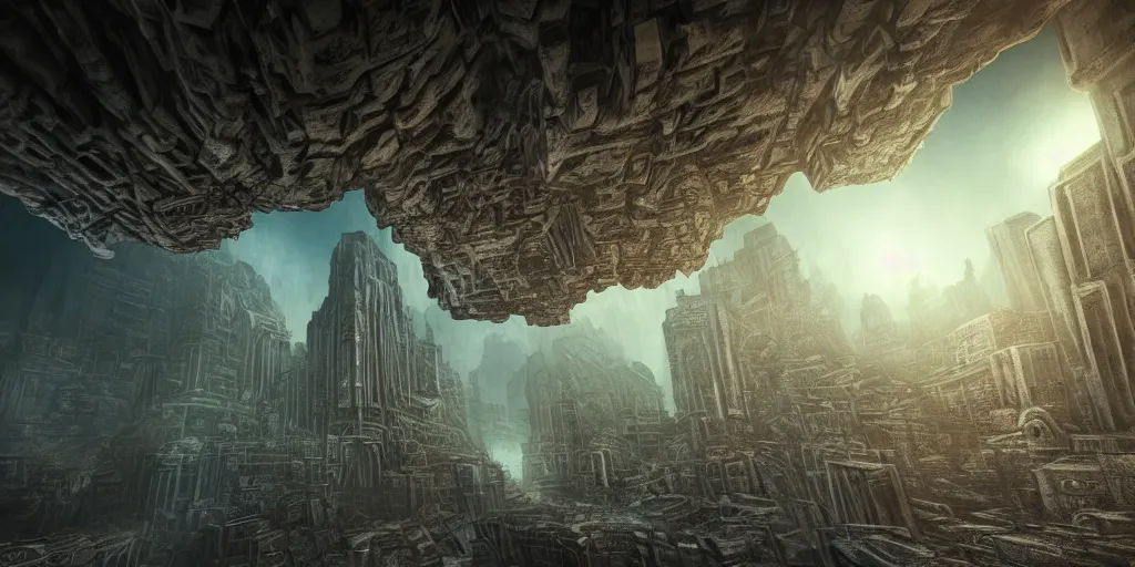 Prompt: inception lovecraft city carved from rock underground another inverted upside down above, in the style of akira, cinematic warm volumetric lighting