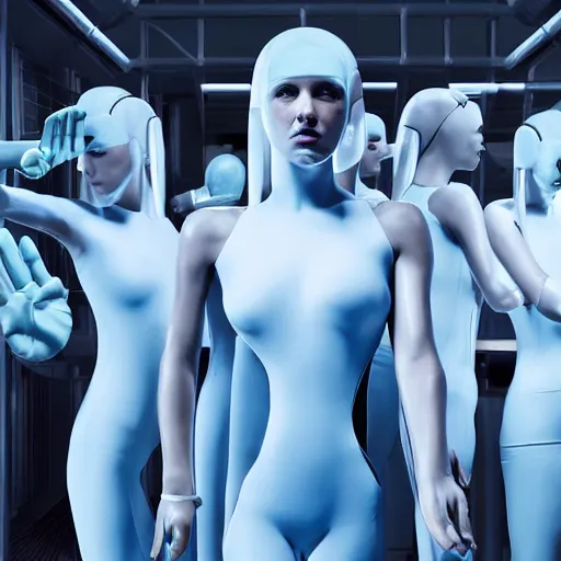 Image similar to troop of cloned women with white bob hairdos, extra limbs, tight light blue neopren suits, futuristic production facility, sci - fi, highly detailed, cinematic