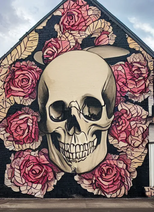 Prompt: a mural of a skull wearing a cowboy hat