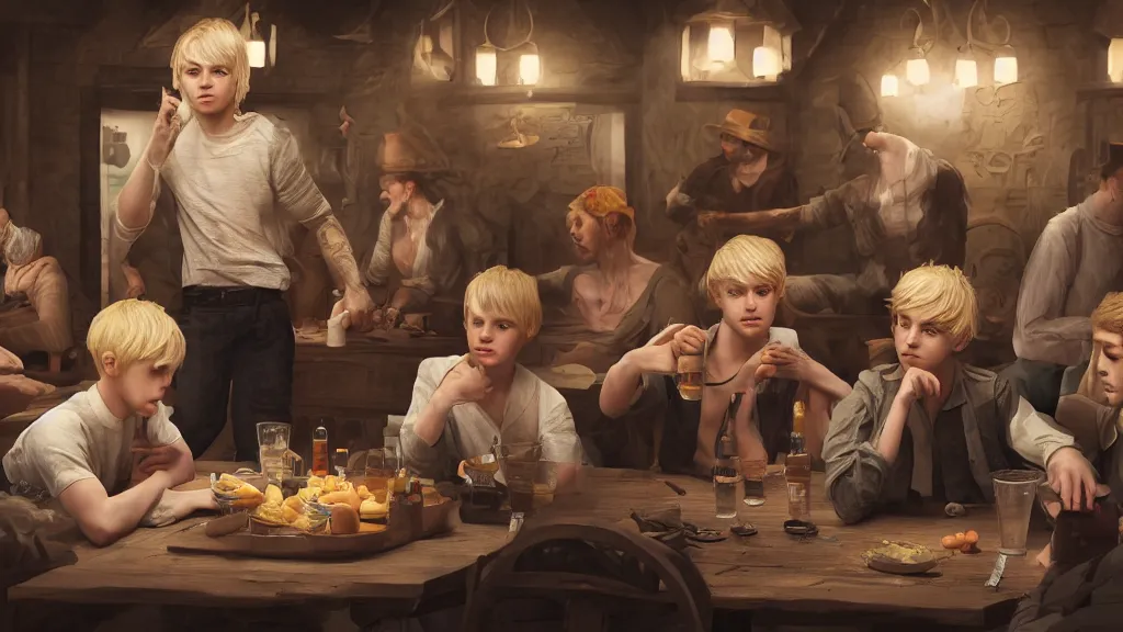 Image similar to A young blonde boy thief in a tavern surrounded by friends, octane render, high detail, photorealistic, High details,4k