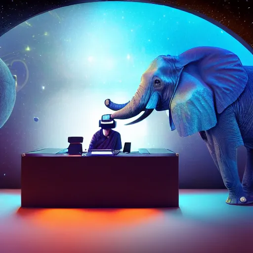 Image similar to a hyperrealistic 3D octane render of an elephant wearing an oculus rift and playing a keyboard inside of a dome planetarium with planets and galaxies, 8k, unreal engine, dramatic lighting, volumetric lighting, uplighting, ray tracing, photorealistic,