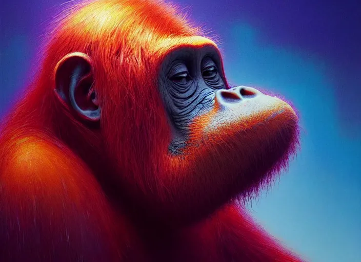 Prompt: A psychedelic portrait of orang-utan pondering orb, vibrant color scheme, highly detailed, in the style of romanticism, cinematic, artstation, Moebius, Greg rutkowski