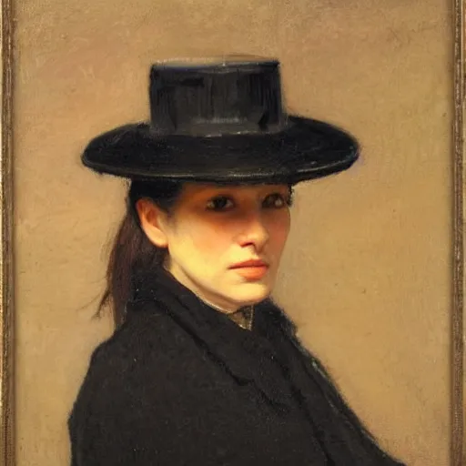 Image similar to portrait of a woman wearing a bowler hat, by thomas eakins.