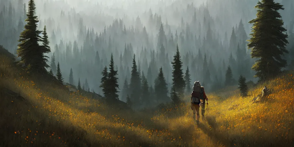 Image similar to a hiker with backpack hikes through the forest, first light, mountains, meadow, wildflowers, heard of elk, clouds, dramatic lighting, sunrise, by greg rutkowski and jeffrey smith, trending on artstation