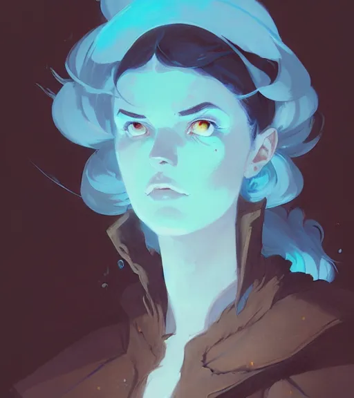 Image similar to portrait of a female mage, fantasy, by atey ghailan, by greg rutkowski, by greg tocchini, by james gilleard, by joe fenton, by kaethe butcher, dynamic lighting, gradient light blue, brown, blonde cream and white color scheme, grunge aesthetic