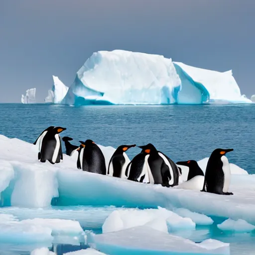 Prompt: photography of a pack of penguins on an iceberg in north pole with a polar bear in the distant canon nikon