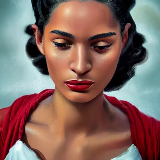 Image similar to A Hearts of Iron IV portrait of a Cuban young woman with high cheekbones. Good bone structure. Dressed in 1940s style. Highly detailed, fine Art, high detail, great lighting, 8k resolution, masterpiece, concept art, illustration, clear eyes, painting oil on canvas, octane render, HDR, trending on artstation, 4k, 8k, HD