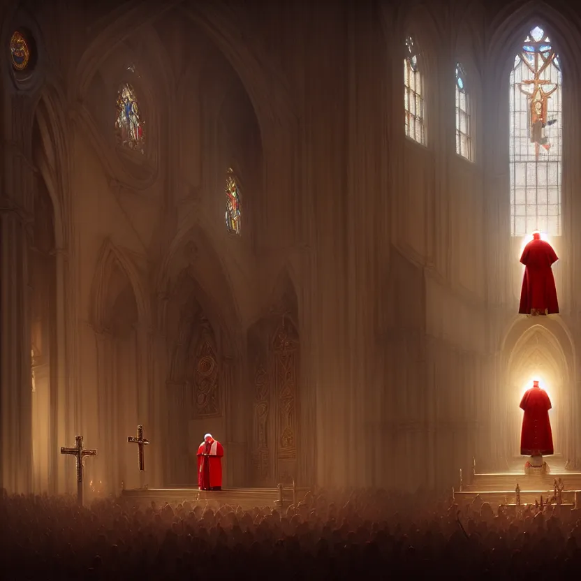 Image similar to pope standing in a curch, digital painting, greg rutkowski, artstation, cinematic, matte painting