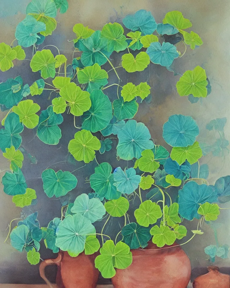 Image similar to fine painting of teal leafed nasturtiums and blue incense smoke.