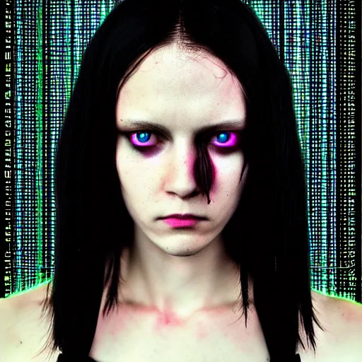 Prompt: A hacker in the style of Matrix, grungy, unkept hair, glowing eyes, modelsociety, radiant skin, huge anime eyes, RTX on, perfect face, directed gaze, intricate, Sony a7R IV, symmetric balance, polarizing filter, Photolab, Lightroom, 4K, Dolby Vision, Photography Award