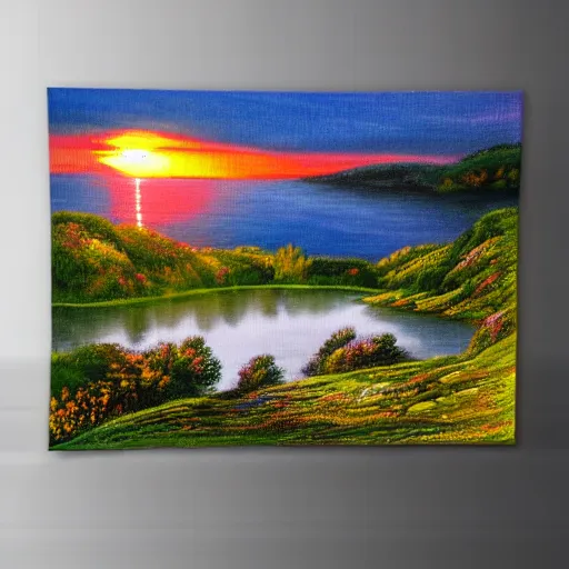 Image similar to a landscape with a lake in the mountain. sunset. cottage. acrylic painting. 4 k. very detailed. trandint on artstation. masterpiece. shadows.