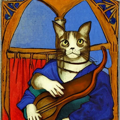 Image similar to cat with lute, flowers in the background, medieval portrait, colorful, medium shot