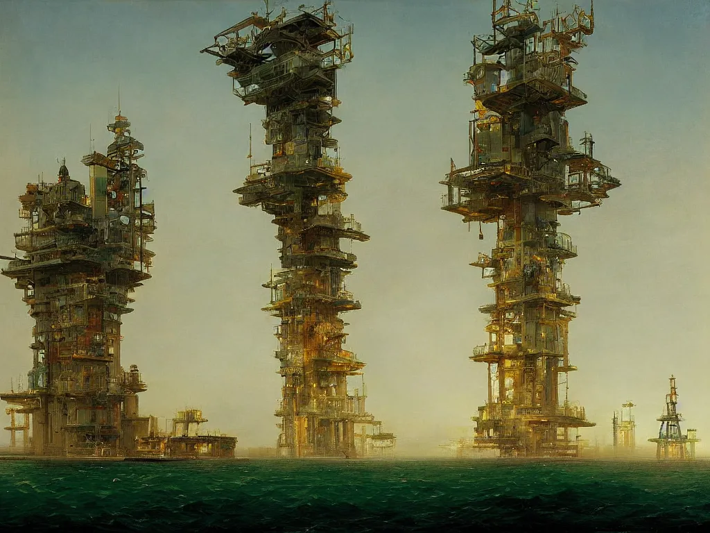 Image similar to an futuristic oil platform by carl spitzweg