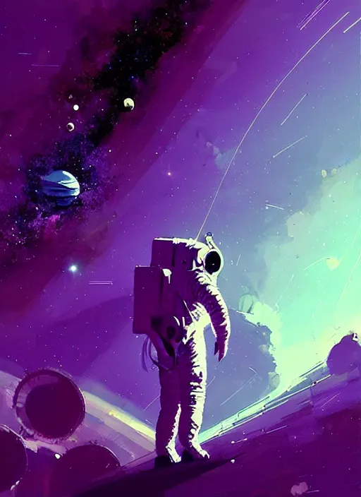 Image similar to sci - fi art, astronaut watching earth from space, purple nebula in the background, art by ismail inceoglu