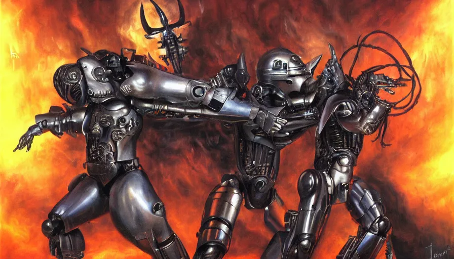 Image similar to robocop fighting demons in hell by julie bell