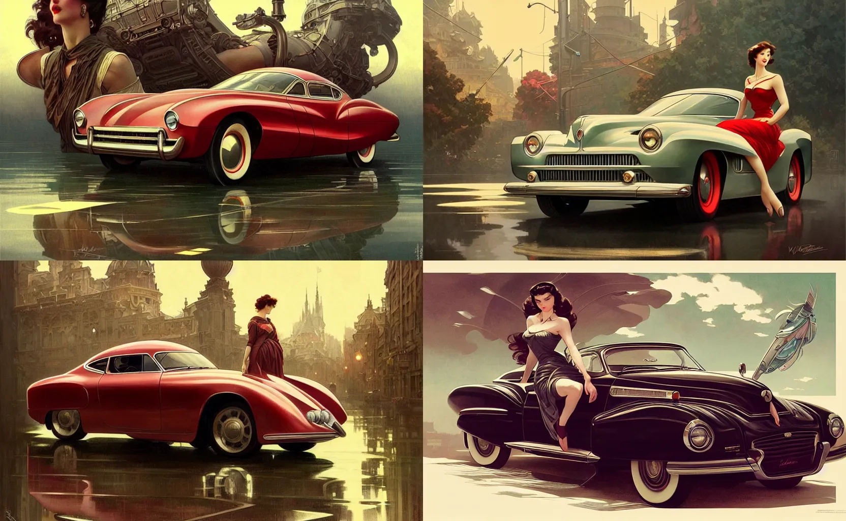 Prompt: a beautiful car advertisement from 1 9 5 0's, intricate, sharp focus, illustration, highly detailed, digital painting, concept art, matte, art by wlop and artgerm and greg rutkowski and alphonse mucha, masterpiece