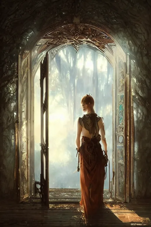 Image similar to large rustic intricately decorated wooden double door, metal handles, a view to a fantasy world, ethereal back light, mist, coherent composition, fantasy painting by artgerm, greg rutkowski, noriyoshi ohrai, yuumei