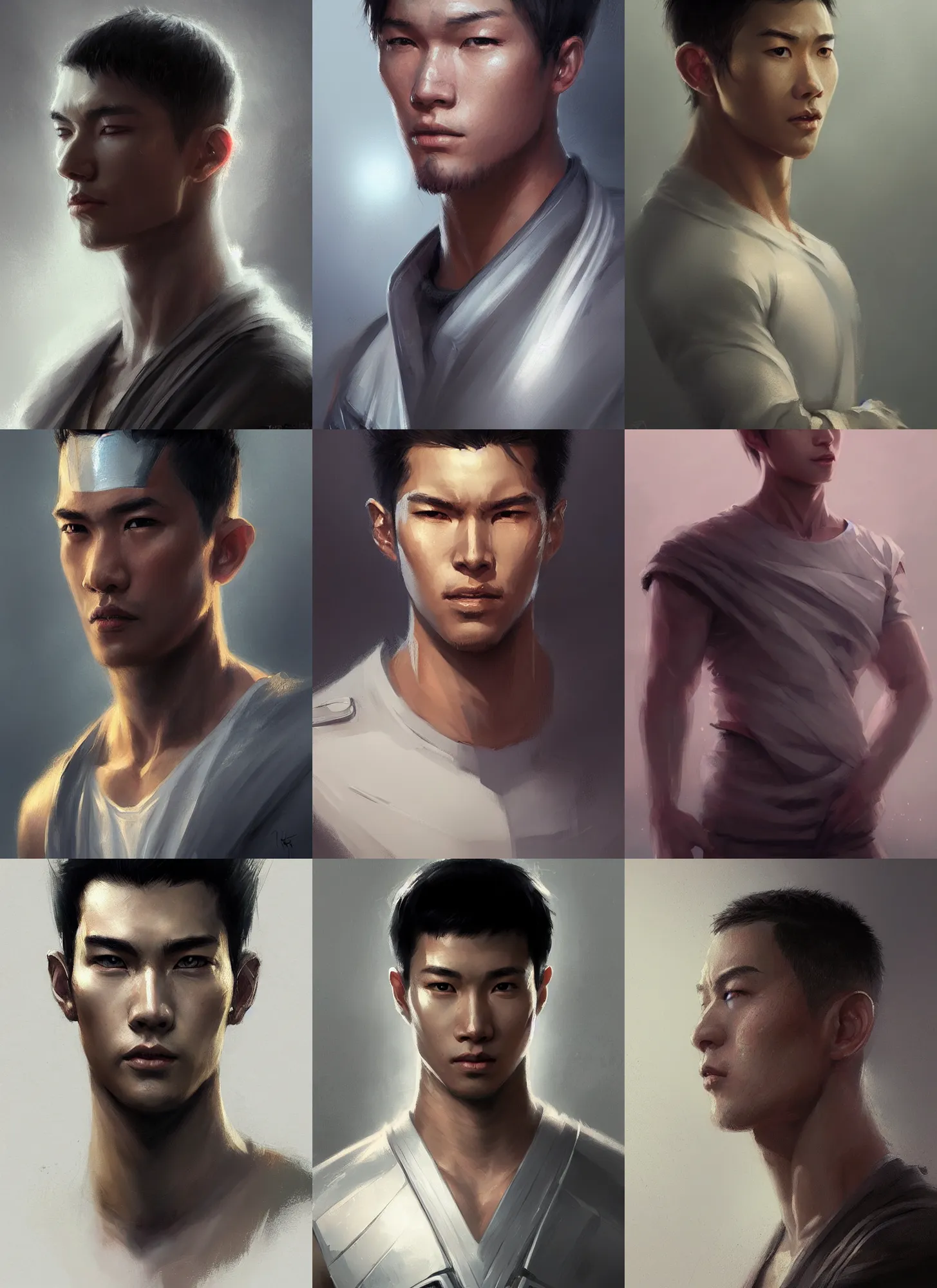 Prompt: portrait of a young man by greg rutkowski, asian features, wearing silver clothes, star wars expanded universe, he is about 2 5 years old, muscle, highly detailed portrait, digital painting, artstation, concept art, smooth, sharp foccus ilustration, artstation hq