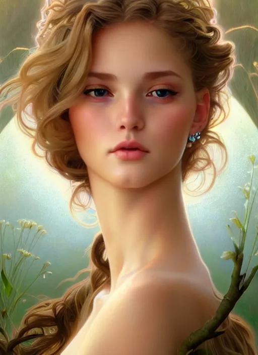 Image similar to perfectly feminine face!! full body portrait of young fairy goddess blessed by nature with ever - increasing physical mental perfection, blonde, symmetrical! intricate, sensual features, highly detailed, biblical divine holy perfection!! digital painting, artstation, concept art, smooth, sharp focus, illustration, art by artgerm and greg rutkowski and alphonse mucha