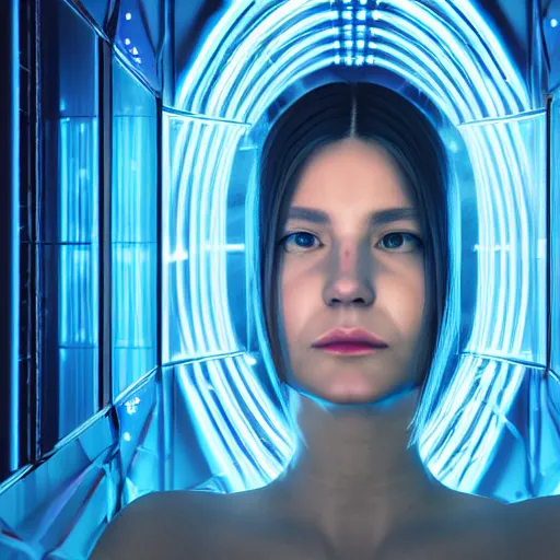 Image similar to chromatic cyborg female discovering her own consciousness in a mirror maze (Unreal Engine, 3D, Reflections, Glossy, Hyer-Realistic, Futuristic, Noise, Gradient)