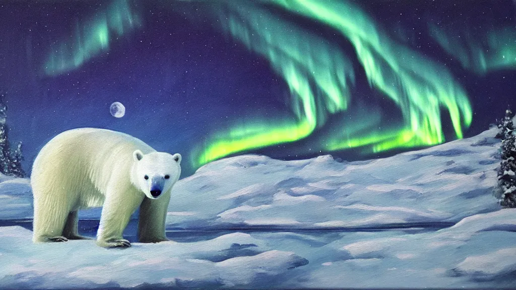 Image similar to an oil painting of a close - up polar bear traversing a snowy landscape at night, the northern lights and the moon are visible