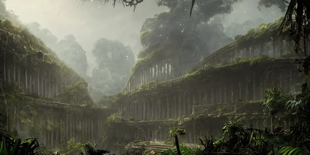 Image similar to An epic matte painting of an overgrown coloseum in the jungle, dark, mysterious, by Greg Rutkowski and Raphael Lacoste, intricate, gorgeous, tropical, stunning, 4k resolution, featured on artstation, f16