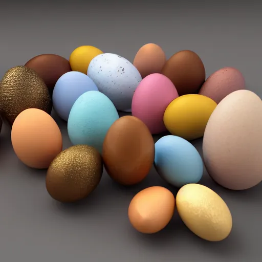 Prompt: high quality octane render of Easter eggs, pastel colors, golden and onyx accents, a set of buck teeth dentures sitting next to the eggs, 3d blender, corona render, digital art