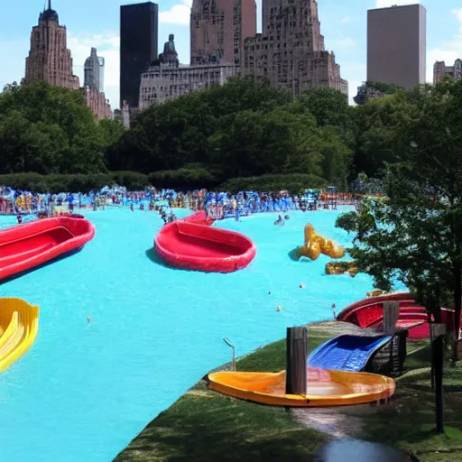 Image similar to photo of a large water park with numerous slides and water rides inside of central park. the new york city skyline is shown in the background.