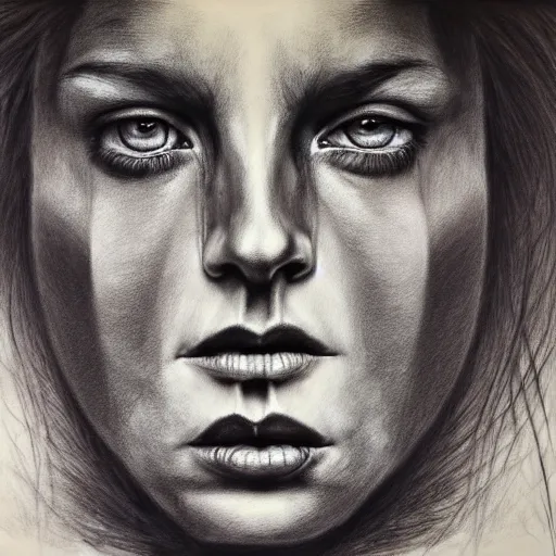 Prompt: painted closeup portrait of intense woman, fierce, fantasy, intricate, elegant, extremely detailed by by chuck close, charcoal on canvas