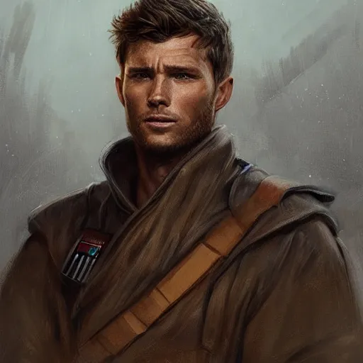 Image similar to portrait of a man by greg rutkowski, jedi knight, he looks like scott eastwood, wearing a flying jacket, star wars expanded universe, he is about 3 0 years old, highly detailed portrait, digital painting, artstation, concept art, smooth, sharp foccus ilustration, artstation hq