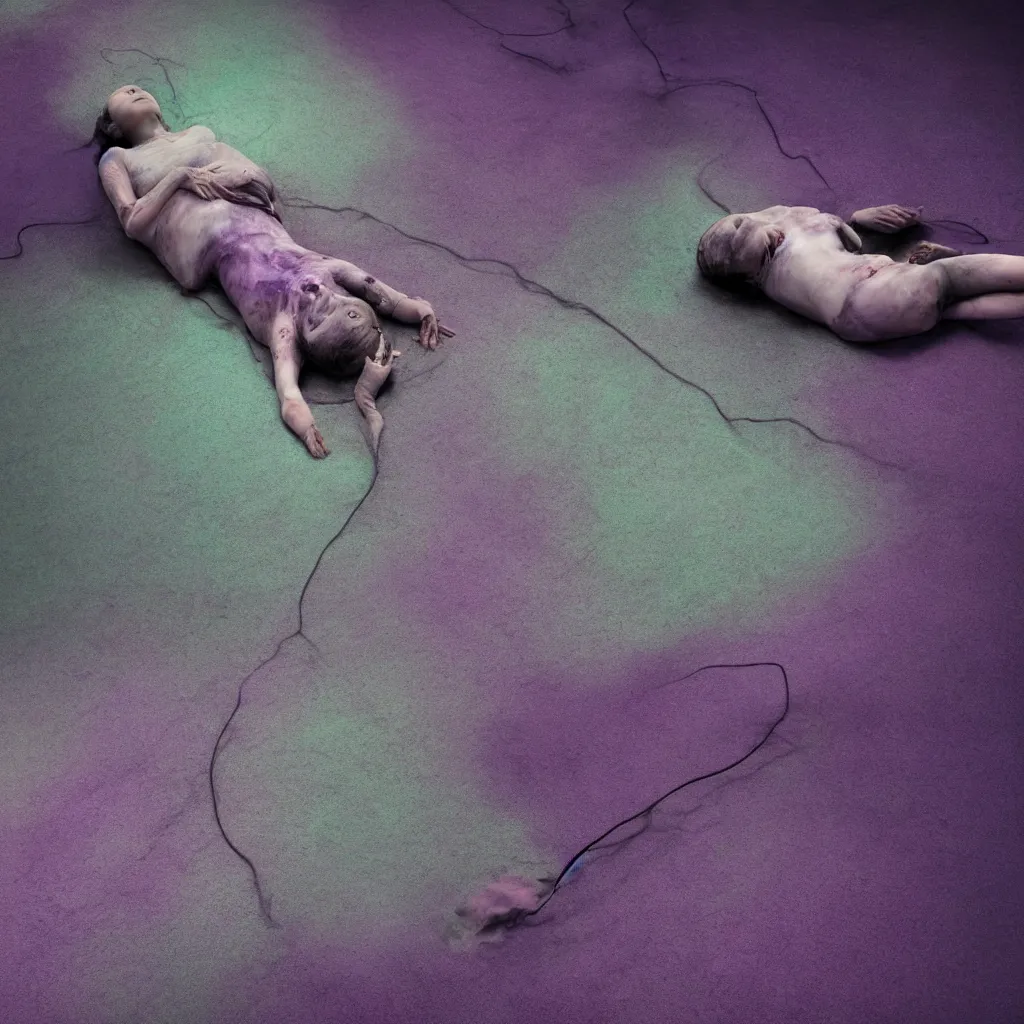 Image similar to iridiscent oil spill with women corpses connected by cables and computers to wax forms to a buried baby relaxing on yoga mat, faded, iridiscent gradient, dust, purple fog, depth of field, by nadav kander and hans bellmer, 8 k, ultrarealistic, sad atmosphere, cinematic, 8 5 mm lens