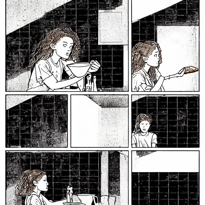 Prompt: sadie sink as a coal miner : eats bread at a table. inside a minimalist dirty automated kiosk. bright tasty food options displayed on a wall. black tiles on walls. black and white, pencil and ink. by gabriel hardman, joe alves, chris bonura. cinematic atmosphere, detailed and intricate, perfect anatomy