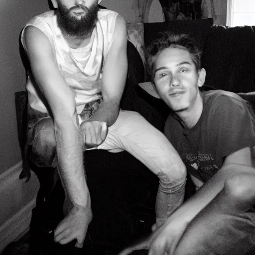 Image similar to gigachad at a house party posing, flash photography, black and white, larry clark, award winning