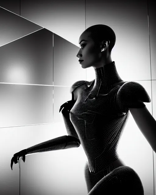 Image similar to black and white high quality photo of a female AI-queen-dragon-meshes-cyborg looking into a sci-fi mirror, volumetric lighting, brutalism, foggy, dreamy, hyperdetailed, bokeh, photorealistic, cinematic, masterpiece, elegant, dark, in the style of Horst P. Horst, octane render, 8K,