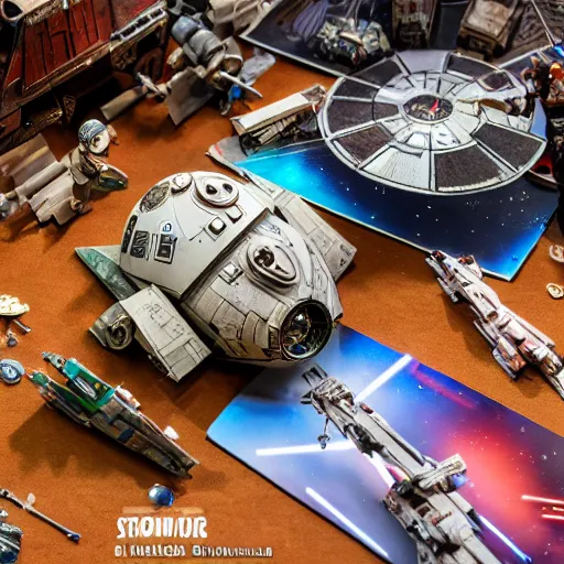 Image similar to a detailed photo of a diorama with star wars toys, macro photography, zoom, model trees, table, studio lighting