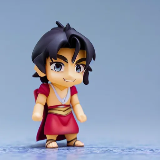 Image similar to side view of young aladdin as nendoroid running in desert village, 8 k hd dof, kodak film,