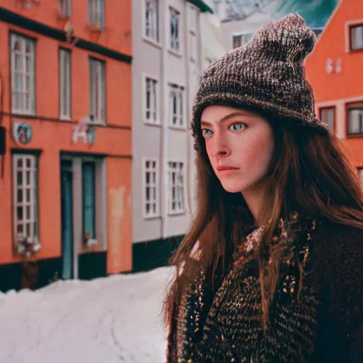 Image similar to hd photo of the norse goddess freya in a modern norwegian city. high - quality candid photography, cinestill 5 0 0