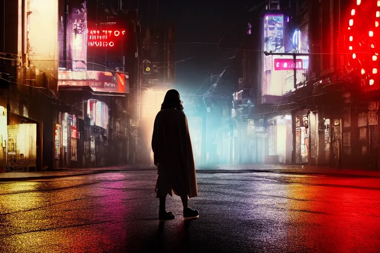 Prompt: a cinematic photograph of jesus walking through a dystopian city street with a halo around his head, rain falls, neon advertisement light up the street, ultra realistic, high definition