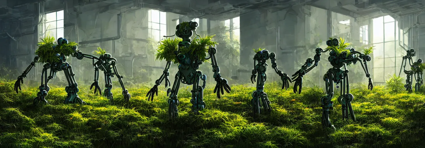 Image similar to brightly sunlit overgrown with plants and abandoned organic chemistry laboratory from the distant future staffed by dysfunctional multiarmed bipedal robots, science fiction industrial hard science concept art, 8K render octane high definition cgsociety