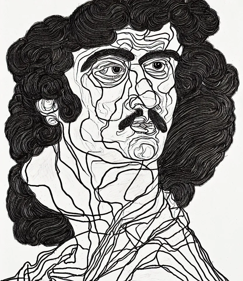 Image similar to detailed line art portrait of honore de balzac, inspired by egon schiele. caricatural, minimalist, bold contour lines, musicality, soft twirls curls and curves, confident personality, raw emotion