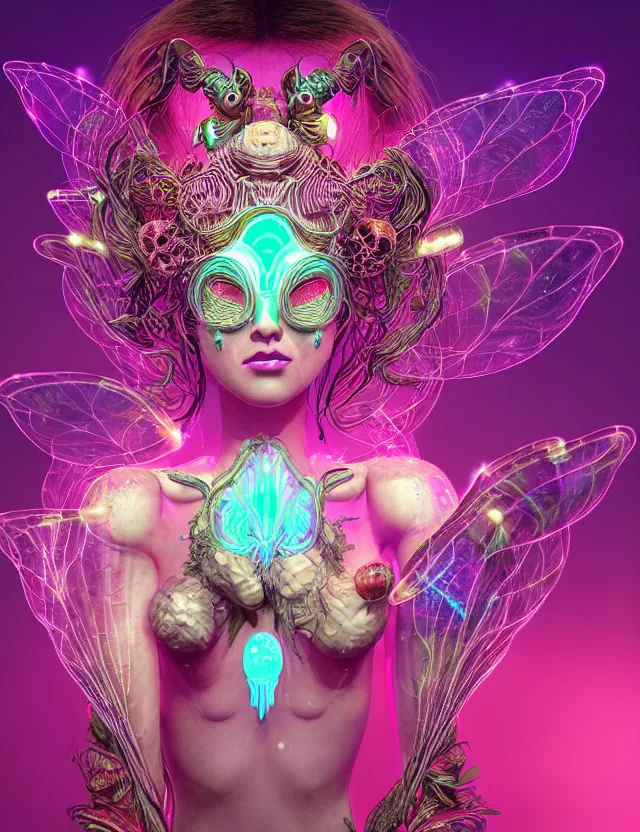 Image similar to 3 d goddess medium shot portrait with hyperdimensional mycorrhizal implants. beautiful intricately detailed avante garde bee mask and retrowave sorceress outfit. glowing bio luminescent, water, pulse projections, creature, artwork by tooth wu and wlop and android jones and beetle and greg rutkowski